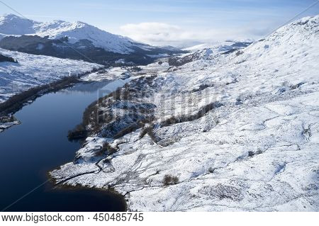 Loch Dochart Aerial View Showing Fallen Snow During Winter