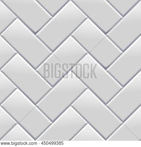 White Tiles Seamless Herringbone Pattern. Ceramic White Bricks In Pool, Metro Or Outdoor. Floor For 