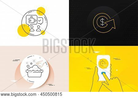 Minimal Set Of Puzzle, Hand Washing And Quick Tips Line Icons. Phone Screen, Quote Banners. Dollar E