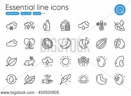 Rainy Weather, Moon And Cloudy Weather Line Icons. Collection Of Wind Energy, Sunset, Mint Leaves Ic