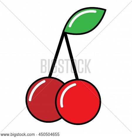 Flat Red Cartoon Cherry. Fresh Healthy Food. Love Symbol. Sweet Food. Vector Illustration. Stock Ima