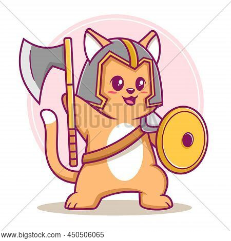 Cute Warrior Cat Cartoon Illustration, Vector Illustration