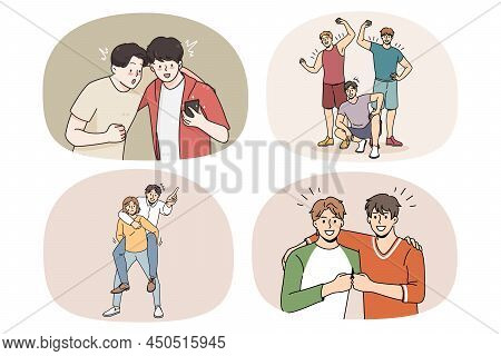 Set Of Smiling Male Friends Hug Show Unity And Respect. Collection Of Happy Guys Have Fun Relax Rest