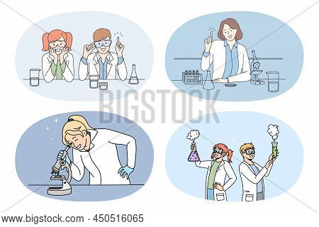 Set Of People Scientist Work Make Experiments With Test Tubes In Laboratory. Collection Of Researche