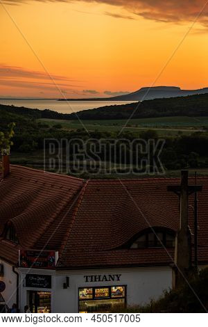 Tihany, Hungary - August 27, 2021: Old Town Buildings In The Center Of Tihany Town, Hungary. Dusk At