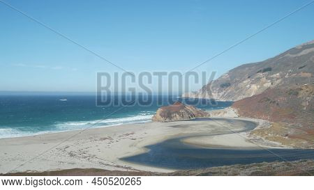 Little Sur River Beach On Pacific Coast Highway 1, Scenic Cabrillo Road. Estuary Of River Flowing To