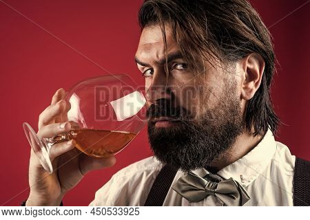 Just One Sip. Brutal Handsome Man With Moustache. Mature Guy With Whiskey. Masculinity And Charisma.