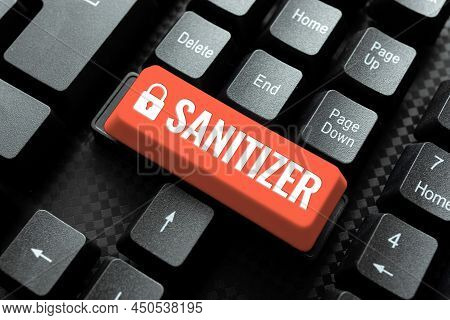 Text Showing Inspiration Sanitizer. Word For Liquid Or Gel Generally Used To Decrease Infectious Age