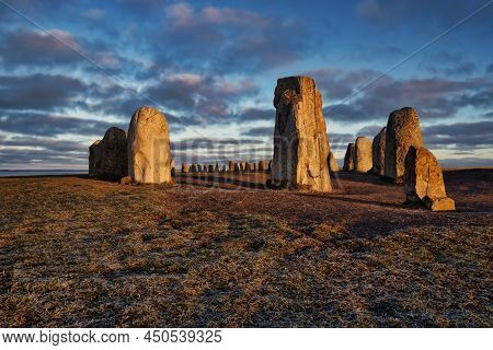 Ales Stenar Megalithic Monument Near Ystad In Southern Sweden At Early Morning