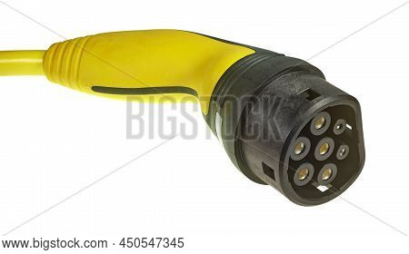 A Colored Charging Cable For Electric Cars Against A White Background.