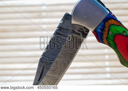 Damask Hand-forged Knife Made Of Several Layers Of Steel With An Exclusive Pattern Photographed In T