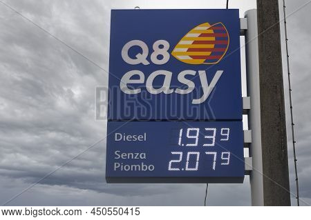 Massa, Italy - March 06, 2022 - High Price Of Fuel In A Q8 Gas Station Following The Conflict Betwee