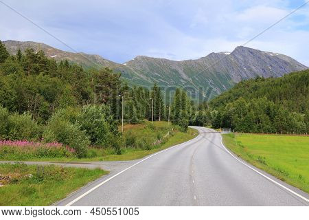 Norway Summer Countryside Road In Sunnmore Region. Road In Liabygda Village.