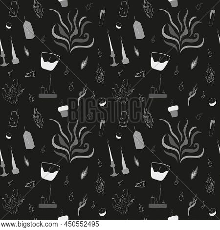 Seamless Monochrome Hand Drawn Vector Pattern Of Candles And Flames On Black Background.