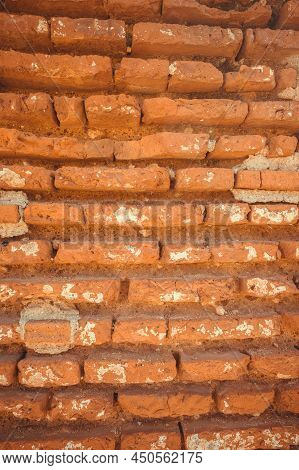 Old Red Brick Wall. Photo Of Surface Of Vintage Stony Wall. Wide Angle. Vintage Brickwork View. Oran