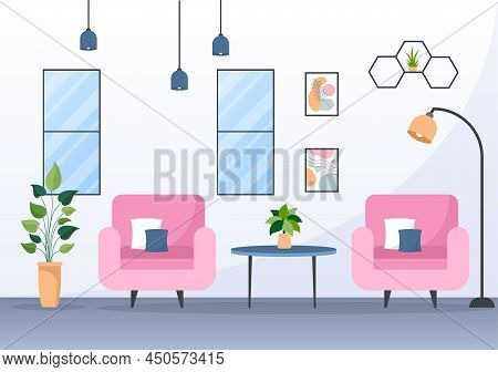 Home Furniture Flat Design Illustration For The Living Room To Be Comfortable Like A Sofa, Desk, Cup