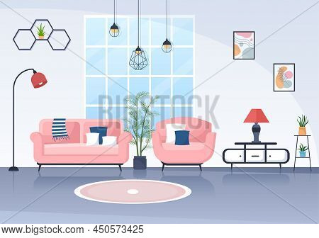 Home Furniture Flat Design Illustration For The Living Room To Be Comfortable Like A Sofa, Desk, Cup