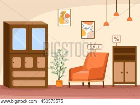 Home Furniture Store Flat Design Illustration For The Living Room To Be Comfortable Like A Sofa, Des