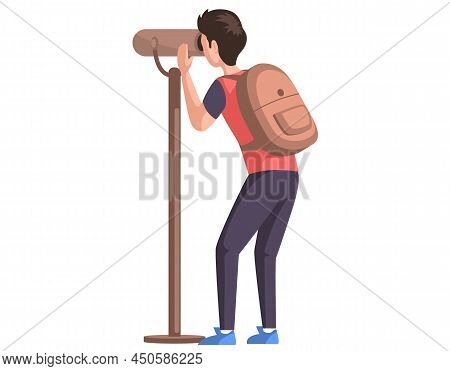 Full Length Of Young Traveler With Spyglass. Man With Tourist Backpack Looking Through Spyglass. Ent