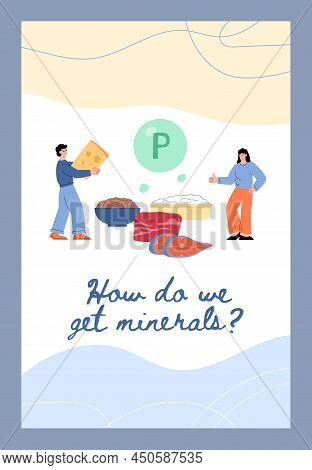 P Group Vitamin Nutrient Sources Banner, Flat Cartoon Vector Illustration.