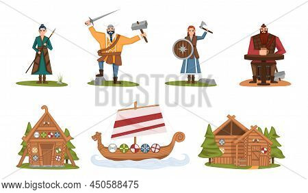 The Vikings. Viking Cartoon Characters. Drakkar, Wooden Sail Boat, Wooden House. Scandinavian Mythol