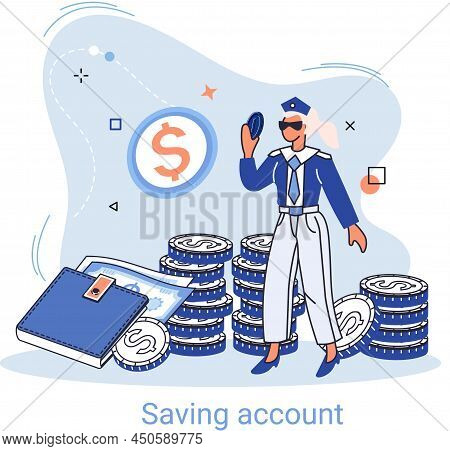 Saving Account Concept. Rich Woman With Stack Of Coins. Accumulation Of Funds, Wealth, Passive Incom