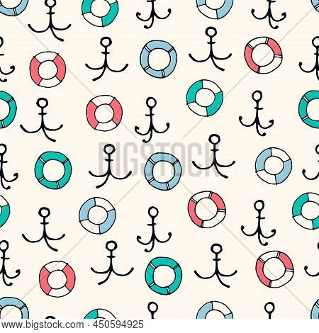 Seamless Pattern With Hand Drawn Anchors, Lifesavers. Boating, Sailing And Fishing Concept
