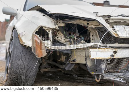 Broken Car With Damaged Headlights, Hood And Bumper, Jdm Japanese Car After The Accident