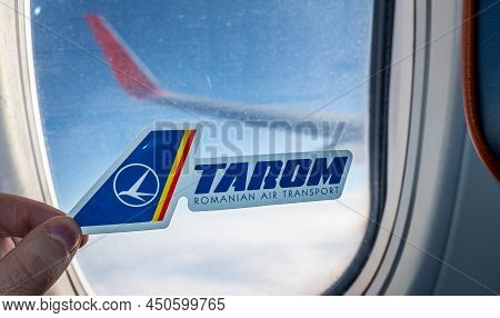 December 6, 2021, Bucharest, Romania. The Emblem Of The Airline Tarom Against The Background Of The 