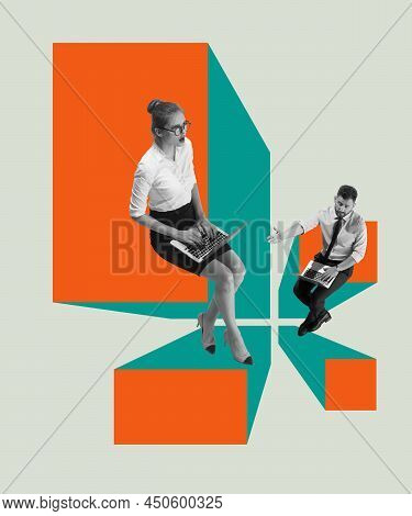 Creative Design. Employees, Man And Woman Working On Laptopn. Making Business Analytics, Creating Ne
