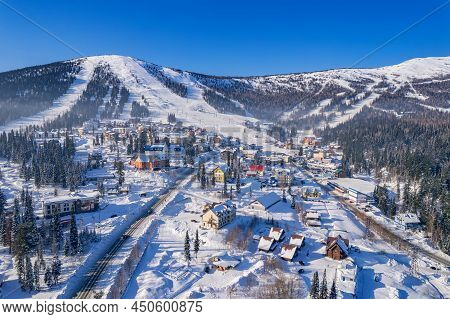 Aerial Top View Landscape Sheregesh Ski Lift Resort Winter, Mountain And Hotels, Russia Kemerovo Reg