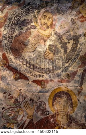 Macka, Trabzon, Turkey - October 11, 2021: Remains of the old christian frescoes with Jesus Christ in Sumela Monastery, Macka, Trabzon, Turkey.