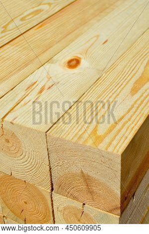 Pine Lumber Stacked In A Row At The Sawmill, Lumber Stack For Storage Construction Or Industrial Wor