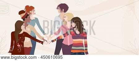 Empowerment. Group Of Multicultural Women With Outstretched Arm And Hand As A Sign Of Self-confidenc