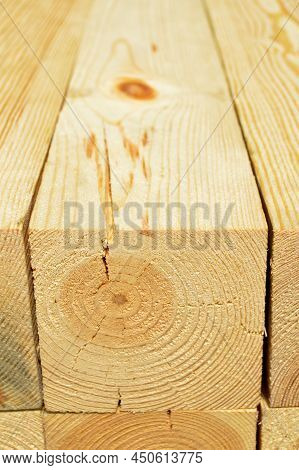 Pine Lumber Stacked In A Row At The Sawmill, Lumber Stack For Storage Construction Or Industrial Wor