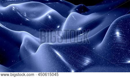 3d Render. Stylish Festive Black Bg. Fantastical Abstract Background, Waves On Glossy Surface Like L