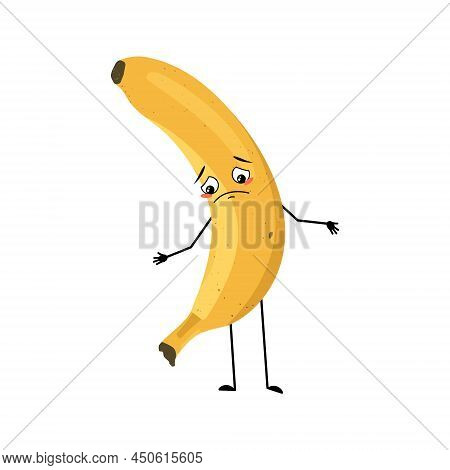 Banana Character With Sad Emotions, Depressed Face, Down Eyes, Arms And Legs. Person With Melancholy