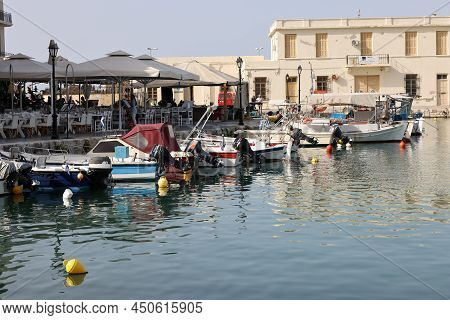 Rethymnon, Crete, Greece - Sept 18, 2021: Fishing Boats In The Old Venetian Harbour, Rethymnon, Cret