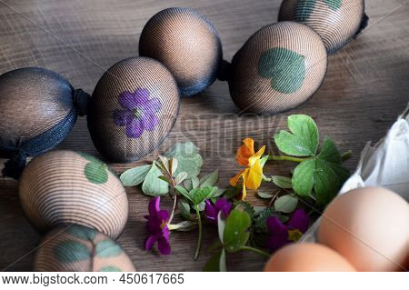 Easter Eggs Decorated With Leaves And Flowers, Prepared For Natural Dyeing With Onion Skins