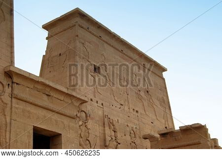 Reliefs And Hieroglyphs At The Island Of Phile (file). Assuan, Egypt