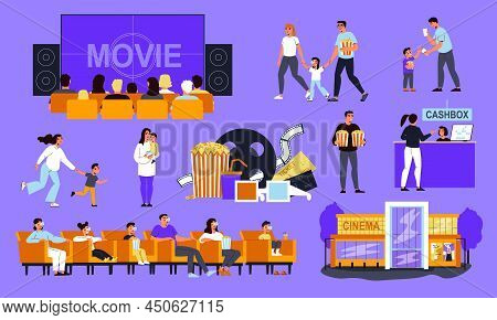 Cinema Movie Color Set With Isolated Icons Of Watchers With Screen Loudspeakers And Cashbox With Fac