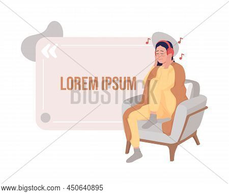 Danish Comfortable Lifestyle Quote Textbox With Flat Character. Listen To Music. Speech Bubble With 