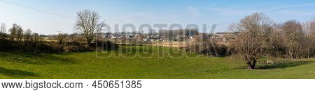 Merchtem, Flemish Brabant Region, Belgium - 03 06 2022: Extra Large Panoramic View Over The Fields A