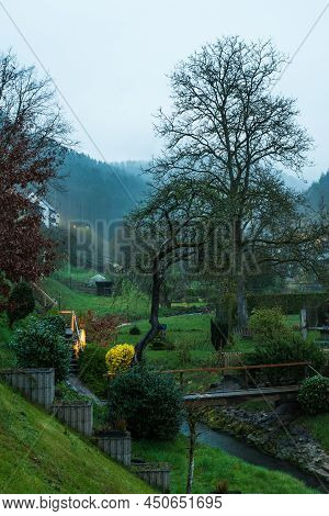 Kordel, Rhineland-palatinate - Germany - Foggy View Over The Backyards, Gardens And Traditional  Hou