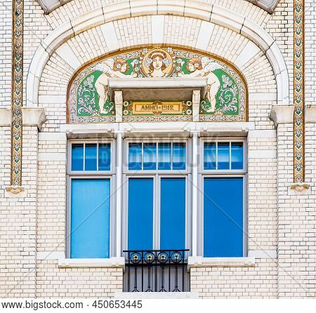 Schaerbeek, Brussels , Belgium - 06 29 2019 - Detail Of An Art Nouveau Facade Decorated With Sgrafit