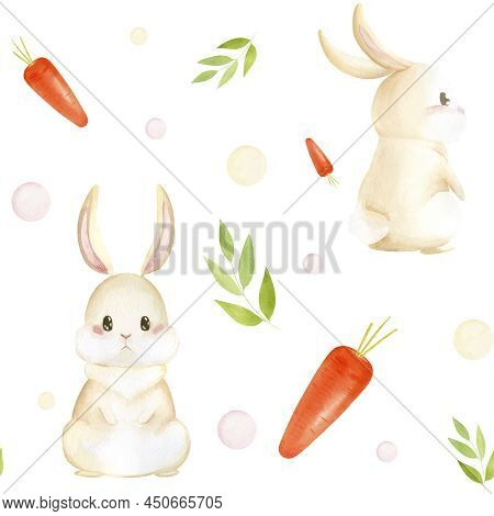 Watercolor Pattern Easter Rabbit Carrot And Plants