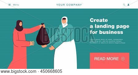 Muslim Women Giving Food Donation In Bag To Poor. Moslem Female Helping Person In Need With Money Or