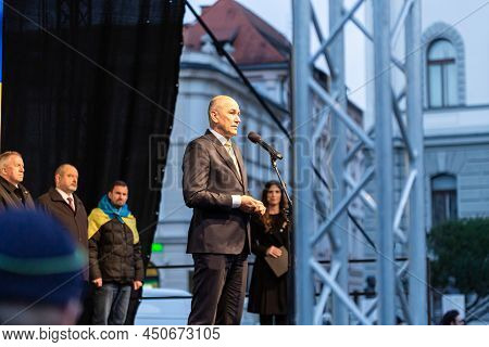Slovenia, Ljubljana - March 2 2022: Prime Minister Janez Jansa, Keynote Speaker At The Protest In Su