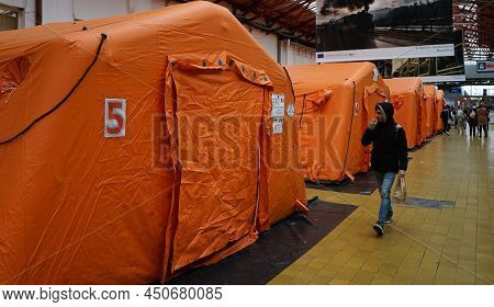 Bucharest, Romania - March 09, 2022: Temporary Accommodation Tents For Ukrainian Refugees Arriving B