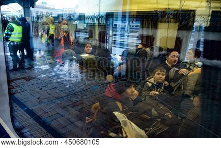 Bucharest, Romania - March 09, 2022: Ukrainian Refugees From Ukraine Arrived In North Railway Statio